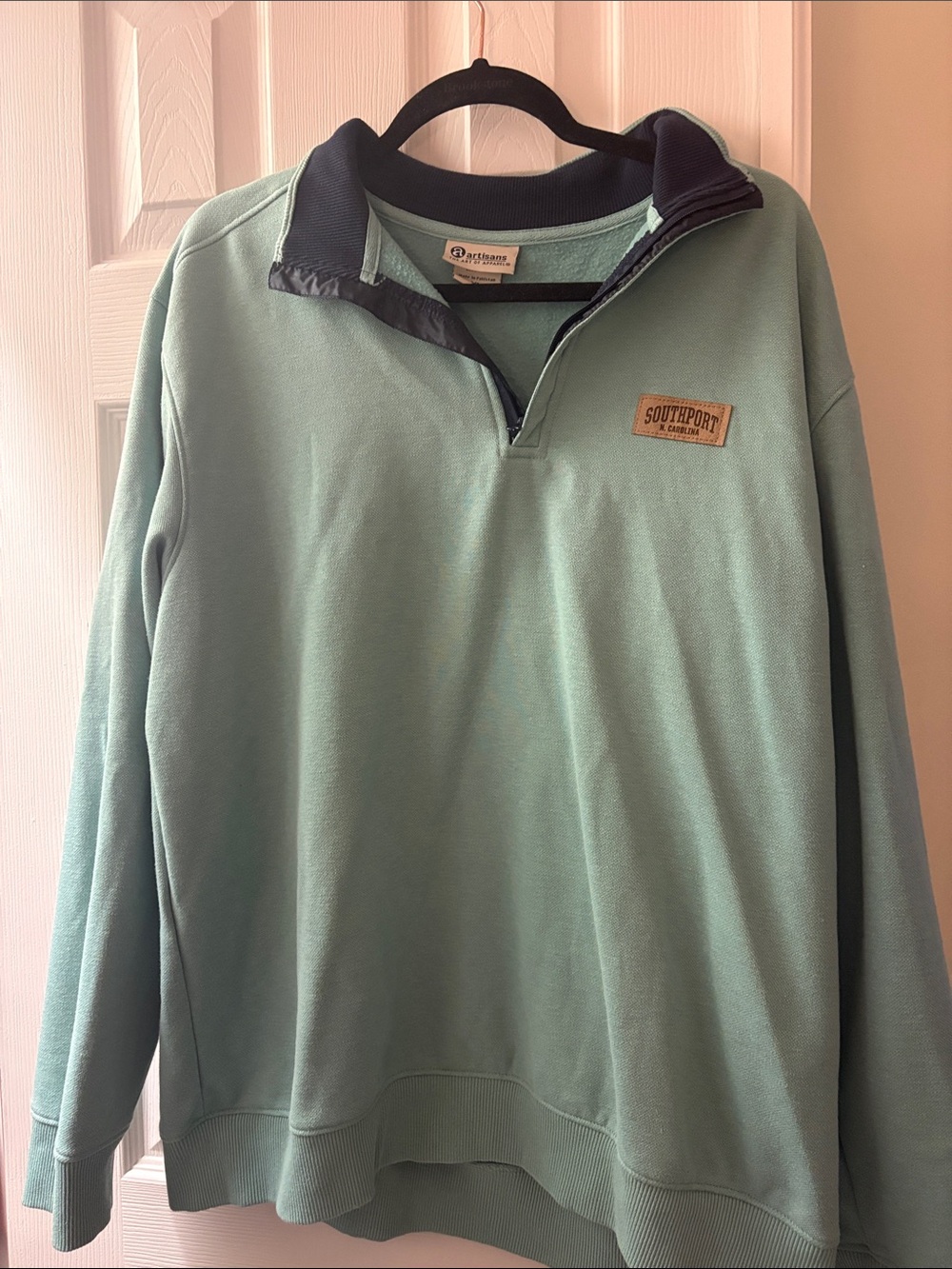 Mint Green Zip Up Southport NC Sweatshirt with Navy Collar